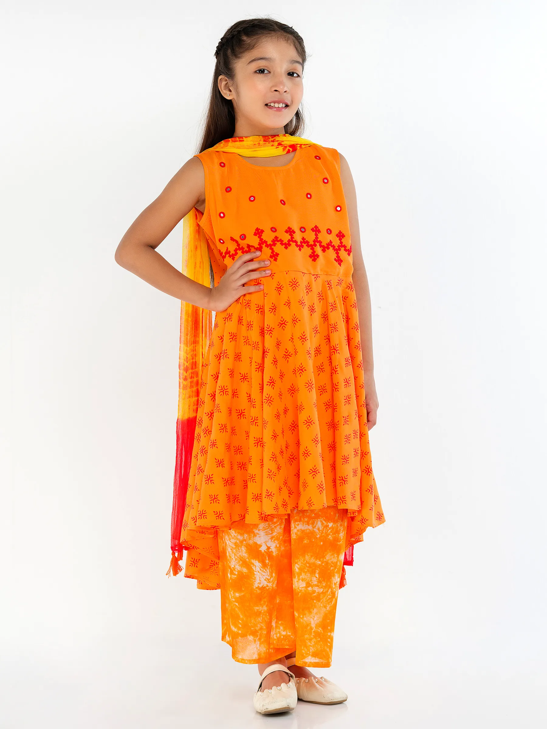 Orange Printed and Embroidered Linen Shalwar Kameez